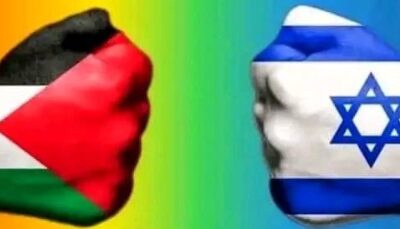 Flags of Israel and Palestine on hands