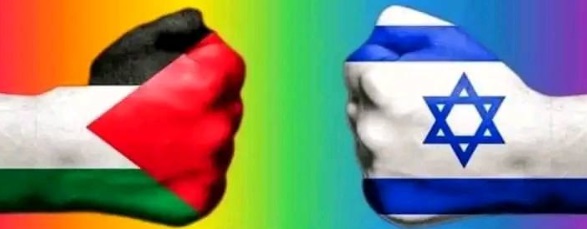 Flags of Israel and Palestine on hands