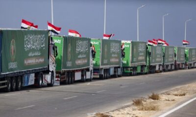 Trucks bringing humanitarian aid to Gaza. Credit: ‘N12’ FB page.